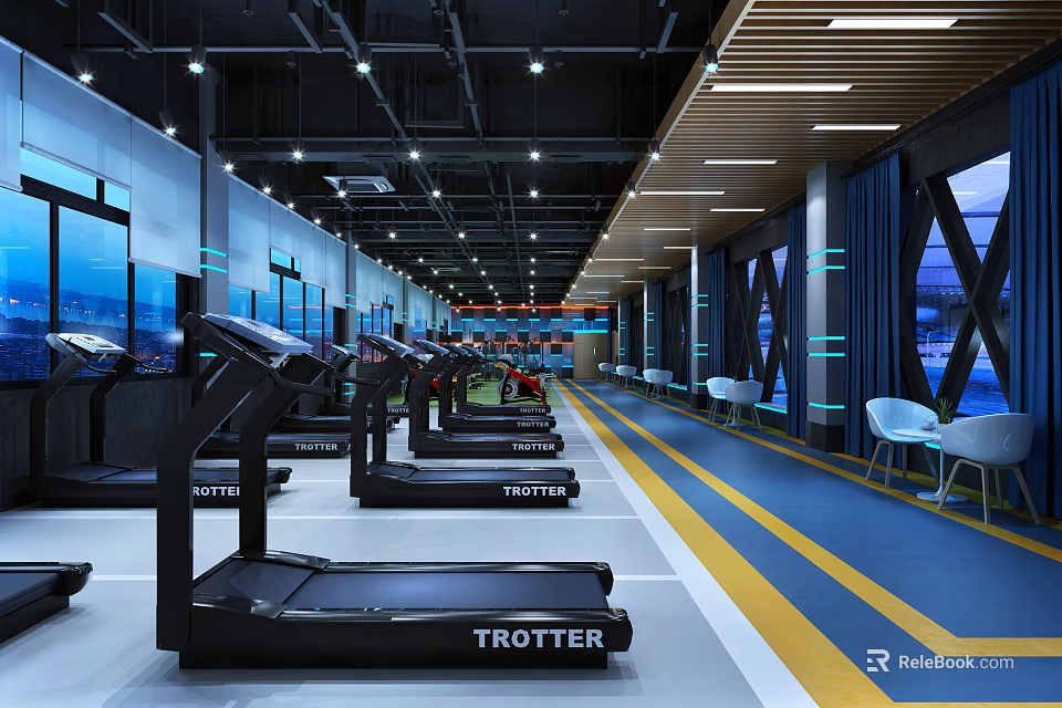 Spacious Modern Fitness Gym With Row Of Trotter Treadmills Yellow Striped Floor And Lighting 3d model 