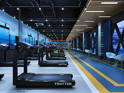 Spacious Modern Fitness Gym With Row Of Trotter Treadmills Yellow Striped Floor And Lighting 3d model