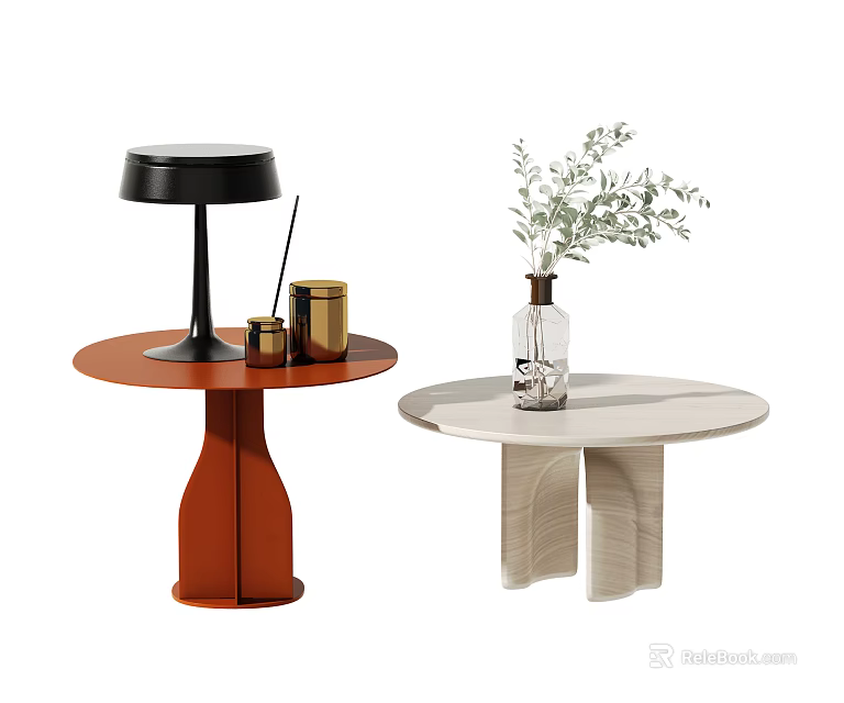 Contemporary Side Tables With Brown And Light Bases Featuring Lamp Vase And Green Foliage 3d model 