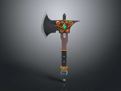 Ornate Fantasy Axe With Green Gemstone Golden Patterns And Leather Wrapped Handle 3d model