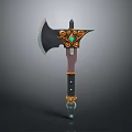 Ornate Fantasy Axe With Green Gemstone Golden Patterns And Leather Wrapped Handle