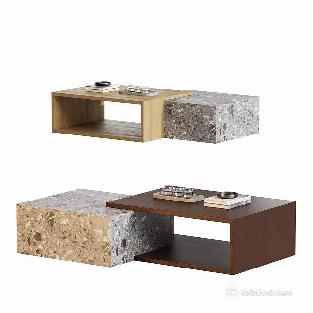 Modern Combined Coffee Table With Wooden And Concrete Design Featuring Books And Trays 3d model 