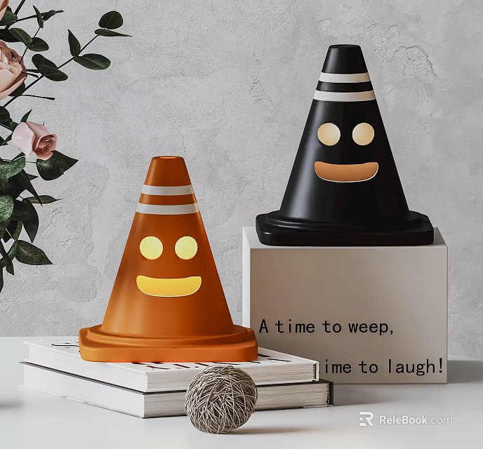 Cute Traffic Cone Decorative Ornaments With Smiley Faces Orange Black Wool Ball On Bookshelf 3d model 