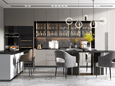 Modern Restaurant Interior With Open Design Dining Table Chairs And Pendant Lights 3d model