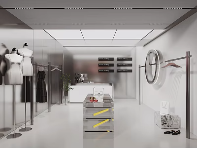 Bright White Clothing Store Interior Featuring Mannequins Hanging Clothes Round Mirror And Display Cabinet 3d model