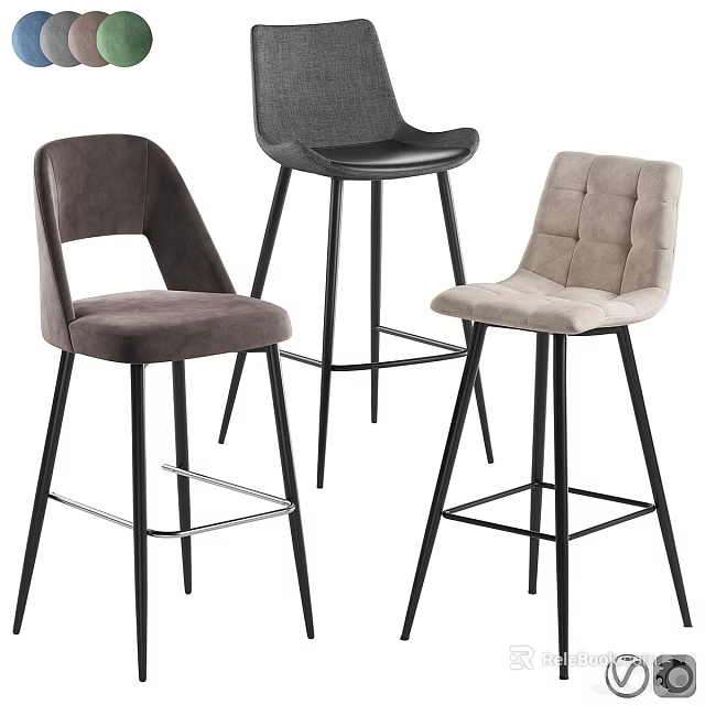 Elegant Modern Bar Stools With Velvet Leather Seats Black Metal Legs And Gray Beige Hues 3d model 