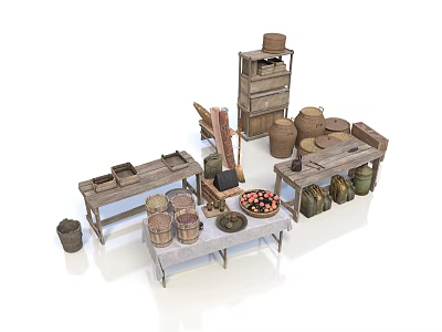 Rustic Country Landscape With Wooden Market Stalls Barrels Baskets And Fruits 3d model