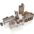Rustic Country Landscape With Wooden Market Stalls Barrels Baskets And Fruits