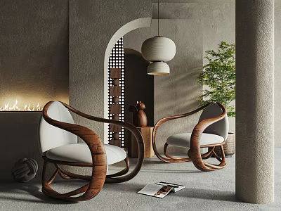 Leisure Sofa Set With White Seats And Wooden Armrests In Modern Arched Room Design 3d model