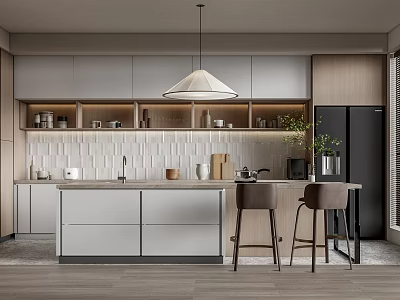 Modern Kitchen Interior Design With Island Counter Cabinets Pendant Light Bar Stools And Tile Backsplash 3d model
