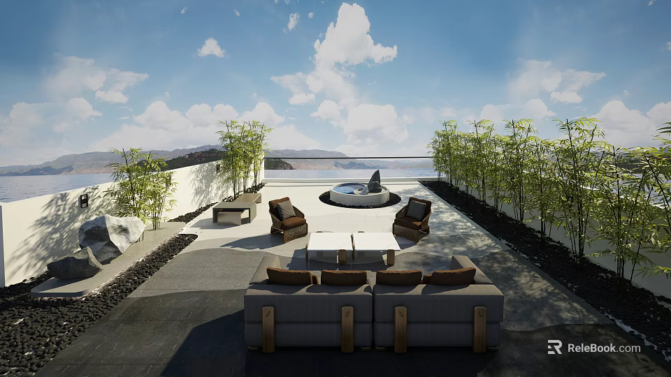 Rooftop Garden Design Featuring Comfortable Sofa Chairs Table And Green Bamboo Plants 3d model 