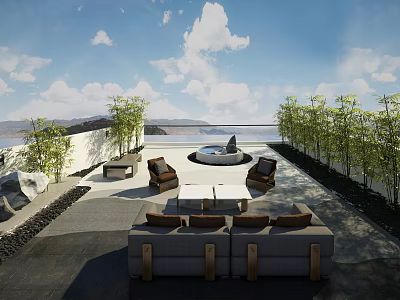 Rooftop Garden Design Featuring Comfortable Sofa Chairs Table And Green Bamboo Plants 3d model