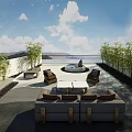 Rooftop Garden Design Featuring Comfortable Sofa Chairs Table And Green Bamboo Plants