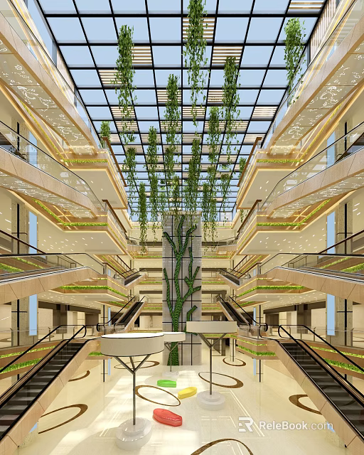 Multi Level Shopping Mall Atrium With Glass Skylight And Hanging Green Plants 3d model 