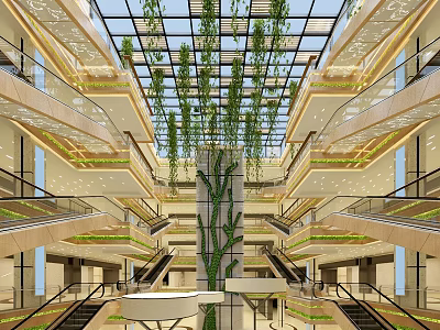 Multi Level Shopping Mall Atrium With Glass Skylight And Hanging Green Plants 3d model