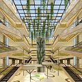 Multi Level Shopping Mall Atrium With Glass Skylight And Hanging Green Plants