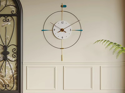 Modern Circular Wall Clock With Metal Frame Wrought Iron Gate And Green Plant 3d model