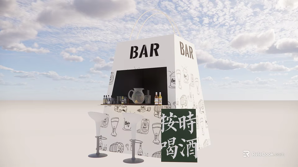 Ideal Photo Check in Spot Featuring White Bar Booth Hand Drawn Patterns And High Stools 3d model 