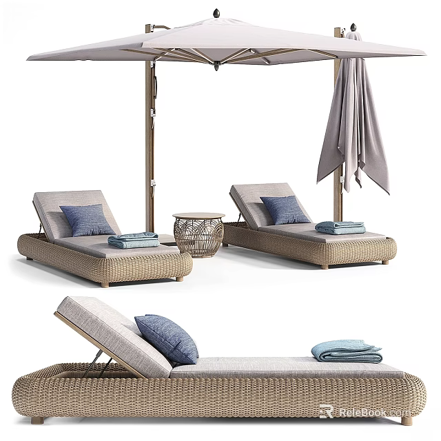 Stylish Garden Lounge Setup With Sun Loungers Umbrella Side Table Pillows And Towels 3d model 