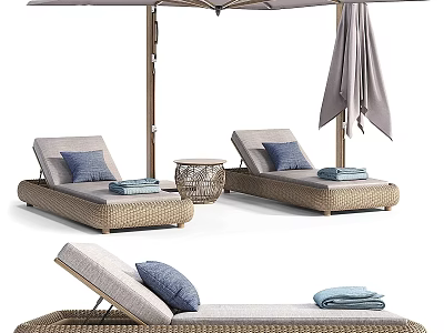 Stylish Garden Lounge Setup With Sun Loungers Umbrella Side Table Pillows And Towels 3d model