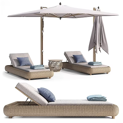 Stylish Garden Lounge Setup With Sun Loungers Umbrella Side Table Pillows And Towels 3d model
