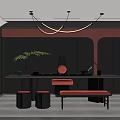 Modern Tea Room With Black Walls Orange Accents Long Table Red Stools And Green Plant