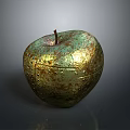 Golden Metallic Apple With Stem And Rustic Texture On Dark Background