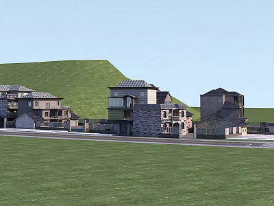 Modern Detached Houses with Stone Exteriors and Tiled Roofs on Green Hillside Lawn 3d model