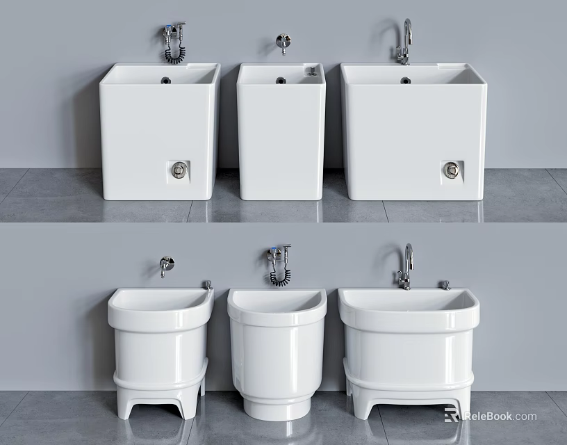 White Mop Sinks With Different Designs And Faucets In Modern Bathroom 3d model 