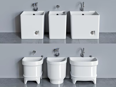 White Mop Sinks With Different Designs And Faucets In Modern Bathroom 3d model
