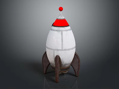 Vintage Decorative Rocket Model With White Body Red Top Brown Stand And Riveted Details 3d model