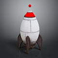 Vintage Decorative Rocket Model With White Body Red Top Brown Stand And Riveted Details
