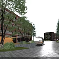Beautiful Campus Landscape With Red Brick Buildings Trees Curved Pathway Lawns And Artistic Sculptures