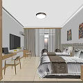 Modern Hotel Guest Room With Twin Beds Bright Lighting Decorative Paintings Work Desk And Flat Screen TV