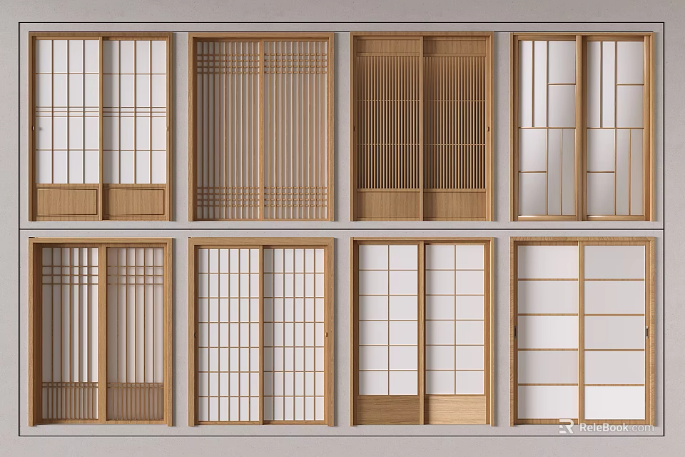 Various Wooden Sliding Doors With Different Grid And Panel Designs For Interior Spaces 3d model