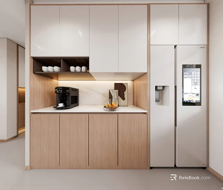 Modern Wine Cabinet Design With Wooden Shelves In Open Kitchen Interior 3d model 