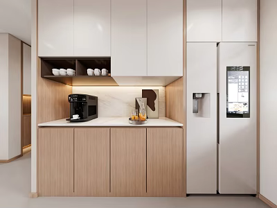 Modern Wine Cabinet Design With Wooden Shelves In Open Kitchen Interior 3d model