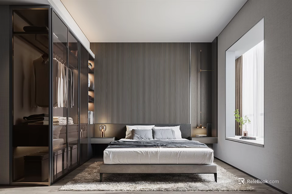 Modern Bedroom Interior With Wooden Panel Wall And Large Window 3d model 