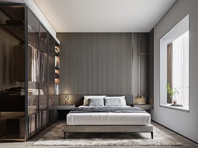 Modern Bedroom Interior With Wooden Panel Wall And Large Window 3d model