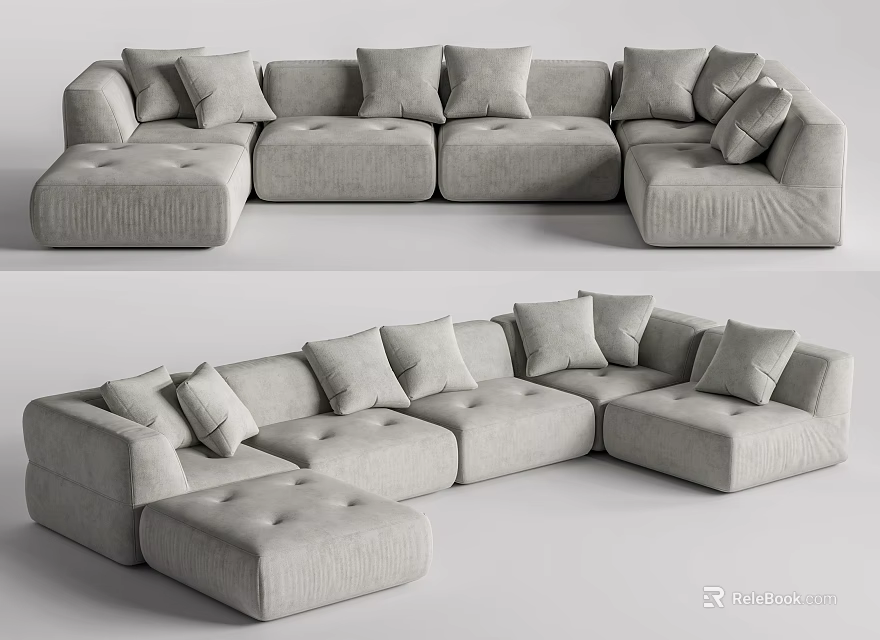 Modern Light Gray Fabric Sectional Sofa With Plush Pillows And L Shaped Design 3d model