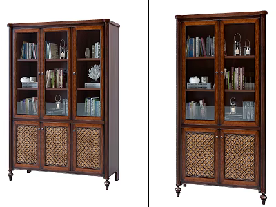 Dark Brown Wooden Bookcase With Glass Doors Rattan Panels And Decorative Items 3d model
