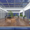Bright Leisure Area With Wooden Seats Large Windows Green Plants And Glass Ceiling