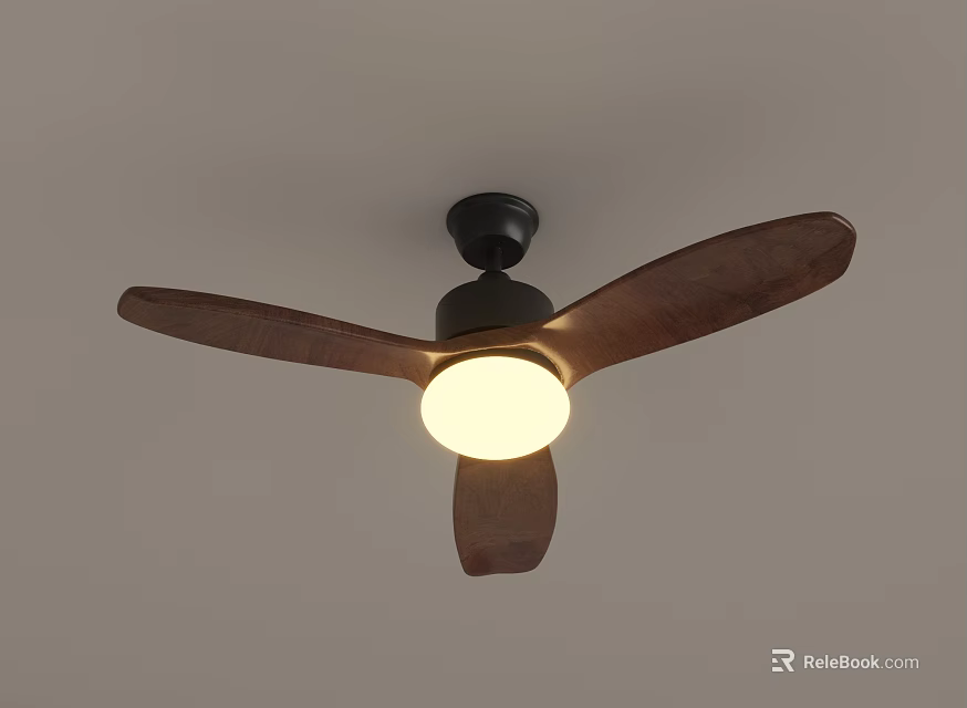 Modern Ceiling Fan Light With Wooden Blades Black Base And Round Light For Interior Decoration 3d model 