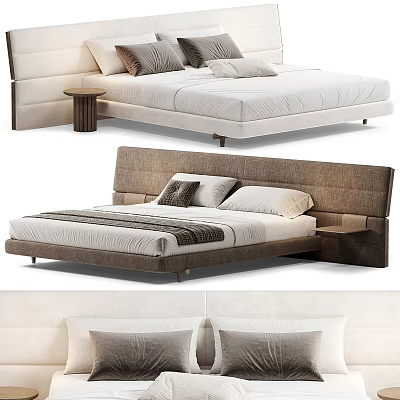 Modern Double Bed Designs With Light Dark Headboards Striped Bedspread Pillows And Bedside Tables 3d model