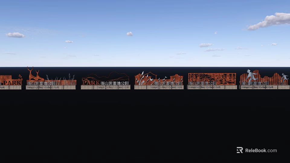 Rustic Laser Cut Feature Wall With Intricate Patterns Against Blue Sky And Clouds 3d model