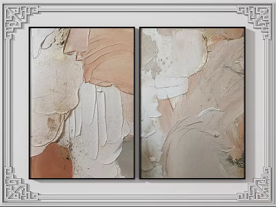 Two Textured Abstract Paintings With Beige Pink White Tones And Black Frames 3d model