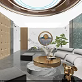 Modern Elevator Hallway Design With Wooden Doors Wall Lamps Green Plants And Gray Floor Tiles
