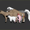 Farm Animal Character Models Including Pig Chicken Sheep Horse Standing On Reflective Surface