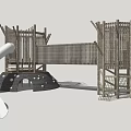Wooden Playground Equipment With Slide Climbing Structure And Trees In Sand Area