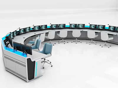 Round Office Desk with Multiple Monitor Screens and Ergonomic Chairs in Control Room Setup 3d model